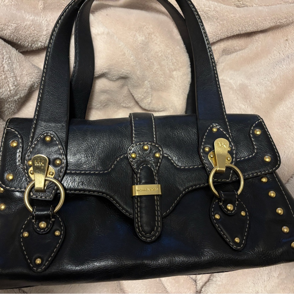 Michael Kors Black Leather Shoulder Bag with Gold Accents